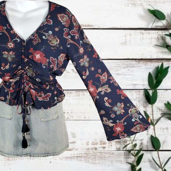 Gypsies & Moondust Blue / Pink Ruched-Front Floral Top Blouse XS - Picture 4 of 5